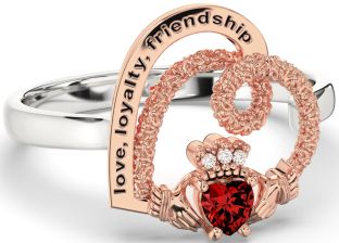 Diamond Garnet Rose Gold Silver Irish "Love, Loyalty, & Friendship" Heart Claddagh Ring