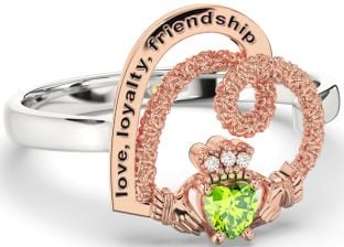 Diamond Peridot Rose Gold Silver Irish "Love, Loyalty, & Friendship" Heart Claddagh Ring