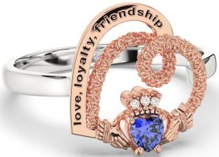 Diamond Sapphire Rose Gold Silver Irish "Love, Loyalty, & Friendship" Heart Claddagh Ring