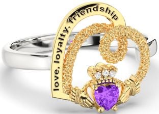 Diamond Amethyst Gold Silver Irish "Love, Loyalty, & Friendship" Heart Claddagh Ring