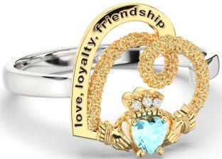 Diamond Aquamarine Gold Silver Irish "Love, Loyalty, & Friendship" Heart Claddagh Ring