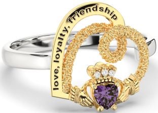 Diamond Alexandrite Gold Silver Irish "Love, Loyalty, & Friendship" Heart Claddagh Ring