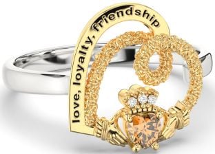 Diamond Citrine Gold Silver Irish "Love, Loyalty, & Friendship" Heart Claddagh Ring