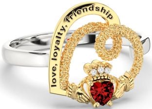 Diamond Garnet Gold Silver Irish "Love, Loyalty, & Friendship" Heart Claddagh Ring