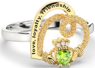 Diamond Peridot Gold Silver Irish "Love, Loyalty, & Friendship" Heart Claddagh Ring