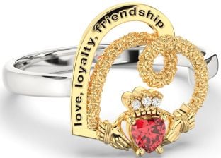 Diamond Ruby Gold Silver Irish "Love, Loyalty, & Friendship" Heart Claddagh Ring