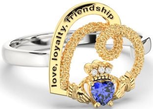 Diamond Sapphire Gold Silver Irish "Love, Loyalty, & Friendship" Heart Claddagh Ring