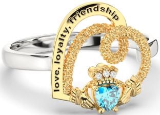 Diamond Topaz Gold Silver Irish "Love, Loyalty, & Friendship" Heart Claddagh Ring