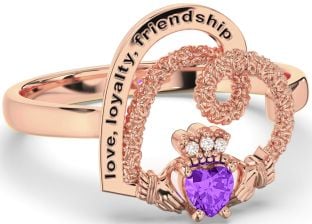 Diamond Amethyst Rose Gold Silver Irish "Love, Loyalty, & Friendship" Heart Claddagh Ring