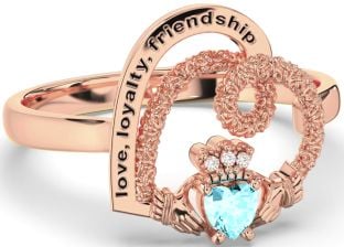 Diamond Aquamarine Rose Gold Silver Irish "Love, Loyalty, & Friendship" Heart Claddagh Ring