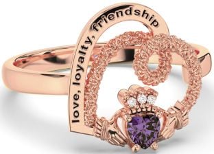 Diamond Alexandrite Rose Gold Silver Irish "Love, Loyalty, & Friendship" Heart Claddagh Ring