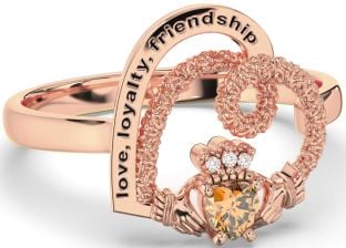 Diamond Citrine Rose Gold Silver Irish "Love, Loyalty, & Friendship" Heart Claddagh Ring