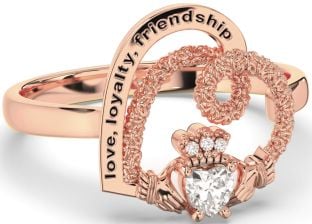 Diamond Rose Gold Silver Irish "Love, Loyalty, & Friendship" Heart Claddagh Ring