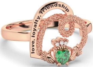 Diamond Emerald Rose Gold Silver Irish "Love, Loyalty, & Friendship" Heart Claddagh Ring