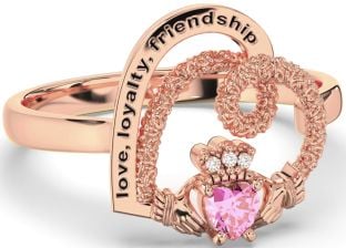 Diamond Pink Tourmaline Rose Gold Silver Irish "Love, Loyalty, & Friendship" Heart Claddagh Ring