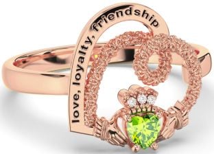 Diamond Peridot Rose Gold Silver Irish "Love, Loyalty, & Friendship" Heart Claddagh Ring