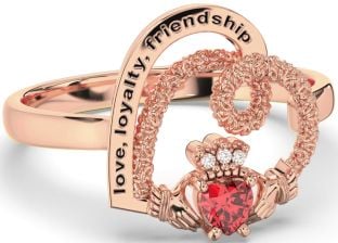 Diamond Ruby Rose Gold Silver Irish "Love, Loyalty, & Friendship" Heart Claddagh Ring