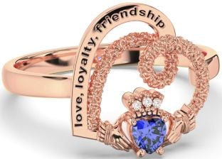 Diamond Sapphire Rose Gold Silver Irish "Love, Loyalty, & Friendship" Heart Claddagh Ring