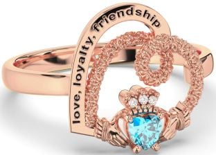 Diamond Topaz Rose Gold Silver Irish "Love, Loyalty, & Friendship" Heart Claddagh Ring