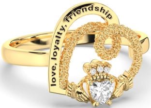 Diamond Gold Silver Irish "Love, Loyalty, & Friendship" Heart Claddagh Ring