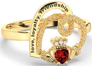 Diamond Garnet Gold Silver Irish "Love, Loyalty, & Friendship" Heart Claddagh Ring