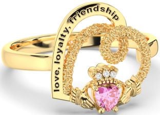 Diamond Pink Tourmaline Gold Silver Irish "Love, Loyalty, & Friendship" Heart Claddagh Ring