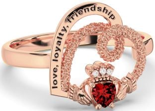 Diamond Garnet Rose Gold Irish "Love, Loyalty, & Friendship" Heart Claddagh Ring