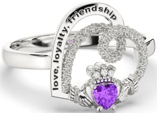 Diamond Amethyst Silver Irish "Love, Loyalty, & Friendship" Heart Claddagh Ring