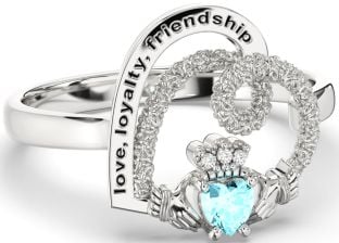 Diamond Aquamarine Silver Irish "Love, Loyalty, & Friendship" Heart Claddagh Ring