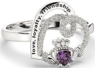 Diamond Alexandrite Silver Irish "Love, Loyalty, & Friendship" Heart Claddagh Ring