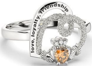 Diamond Citrine Silver Irish "Love, Loyalty, & Friendship" Heart Claddagh Ring