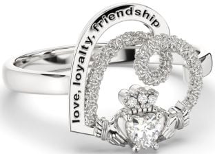 Diamond Silver Irish "Love, Loyalty, & Friendship" Heart Claddagh Ring
