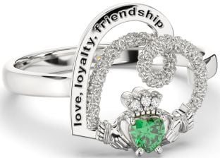 Diamond Emerald Silver Irish "Love, Loyalty, & Friendship" Heart Claddagh Ring