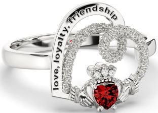 Diamond Garnet Silver Irish "Love, Loyalty, & Friendship" Heart Claddagh Ring