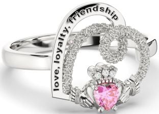 Diamond Pink Tourmaline Silver Irish "Love, Loyalty, & Friendship" Heart Claddagh Ring