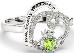 Diamond Peridot Silver Irish "Love, Loyalty, & Friendship" Heart Claddagh Ring