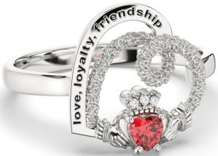 Diamond Ruby Silver Irish "Love, Loyalty, & Friendship" Heart Claddagh Ring