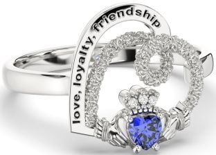 Diamond Sapphire Silver Irish "Love, Loyalty, & Friendship" Heart Claddagh Ring