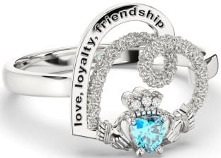 Diamond Topaz Silver Irish "Love, Loyalty, & Friendship" Heart Claddagh Ring