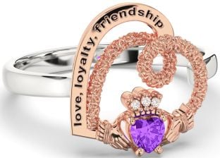 Diamond Amethyst Rose Gold Silver Irish "Love, Loyalty, & Friendship" Heart Claddagh Ring