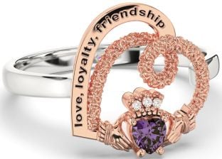 Diamond Alexandrite Rose Gold Silver Irish "Love, Loyalty, & Friendship" Heart Claddagh Ring