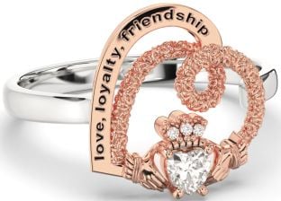 Diamond Rose Gold Silver Irish "Love, Loyalty, & Friendship" Heart Claddagh Ring