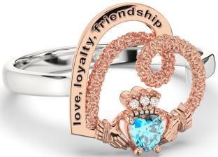 Diamond Topaz Rose Gold Silver Irish "Love, Loyalty, & Friendship" Heart Claddagh Ring