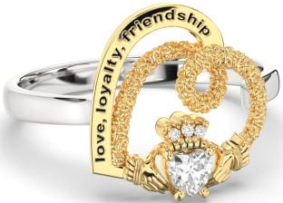 Diamond Gold Silver Irish "Love, Loyalty, & Friendship" Heart Claddagh Ring