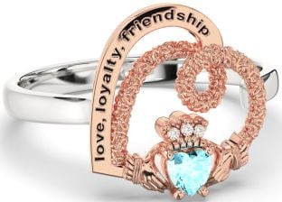 Diamond Aquamarine White Rose Gold Irish "Love, Loyalty, & Friendship" Heart Claddagh Ring