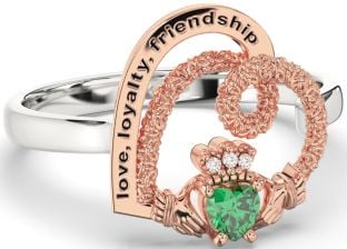 Diamond Emerald White Rose Gold Irish "Love, Loyalty, & Friendship" Heart Claddagh Ring