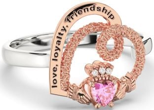 Diamond Pink Tourmaline White Rose Gold Irish "Love, Loyalty, & Friendship" Heart Claddagh Ring