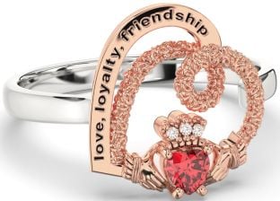 Diamond Ruby White Rose Gold Irish "Love, Loyalty, & Friendship" Heart Claddagh Ring