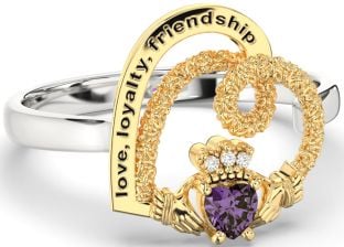 Diamond Alexandrite White Yellow Gold Irish "Love, Loyalty, & Friendship" Heart Claddagh Ring