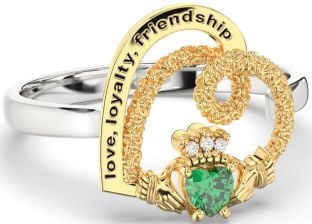 Diamond Emerald White Yellow Gold Irish "Love, Loyalty, & Friendship" Heart Claddagh Ring